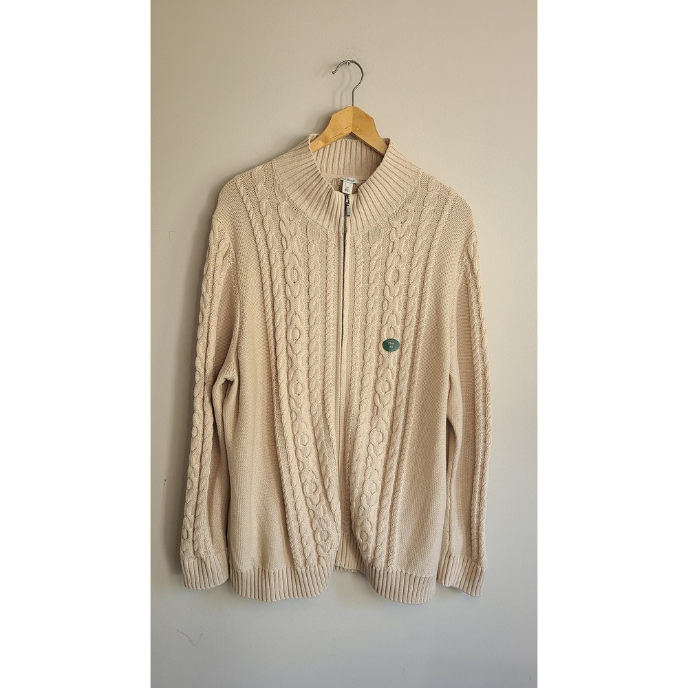LL Bean Mens 3X Plus‎ Cream Beige Cable Knit Full Zip Cotton Sweater